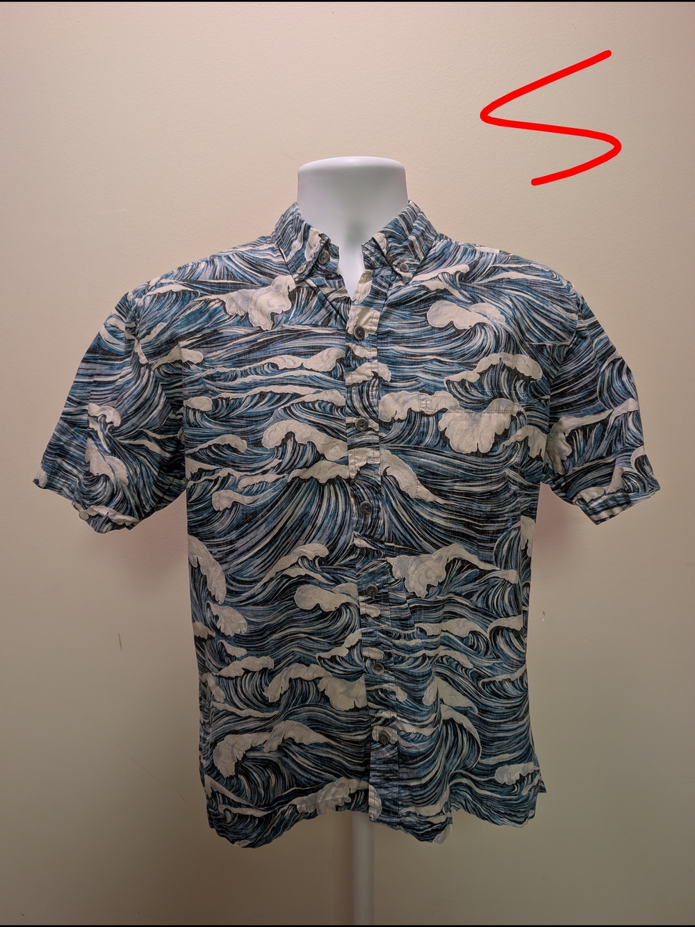 Men's Blue Wave-Print Short Sleeve Button-Down Shirt